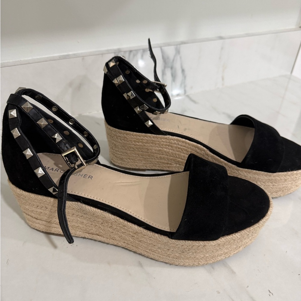 Marc Fisher Black Wedge Sandals with Studded Straps